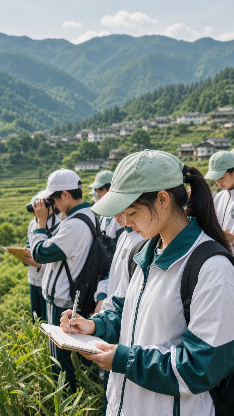学生在山区开展实地研学并记录观察